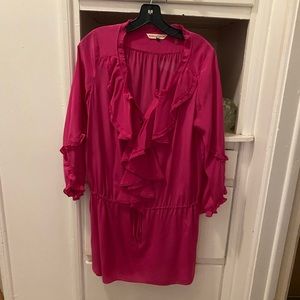 Rebecca Taylor fun flirty fuchsia silk ruffled mini dress w/drawstring size 8